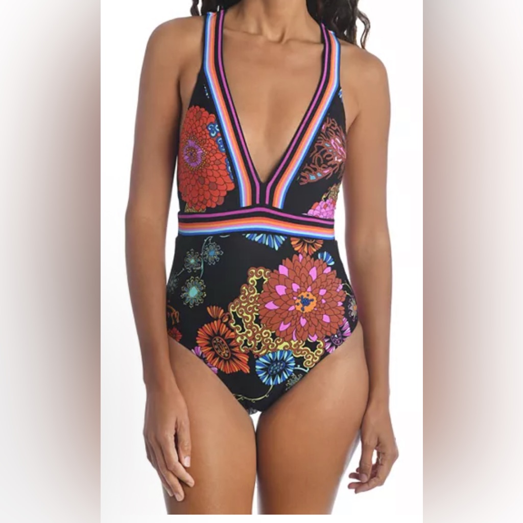 Trina Turk Electric Reef Plunge One Piece Swimsuit Floral Gold Strap Size 6